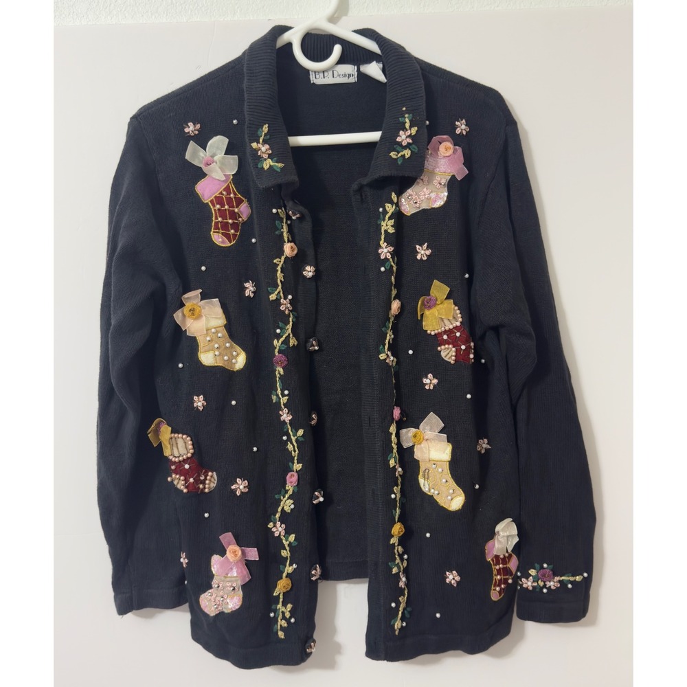 B.P. Design Christmas Cardigan Women M Black Stocking Embroidered Holiday Retro